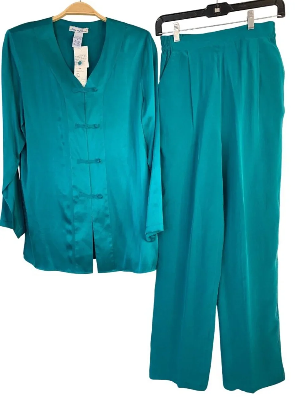 VTG NWT 90s Anna And Frank Teal 2-Piece 100% Silk Top & Pants Set Size S/M New